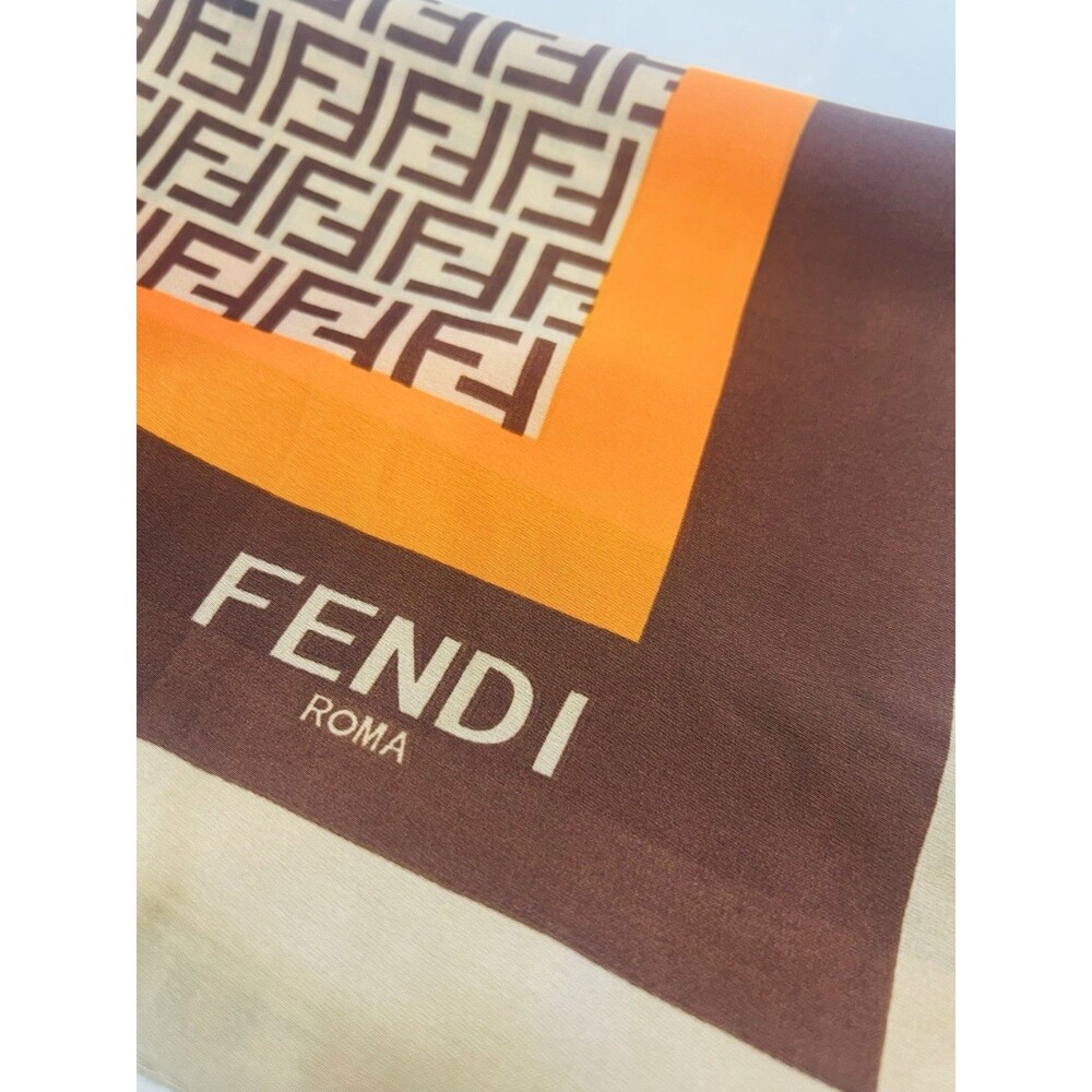 Fendi FF Logo Silk Scarf Brown & Orange 100% Silk 70” x 35”